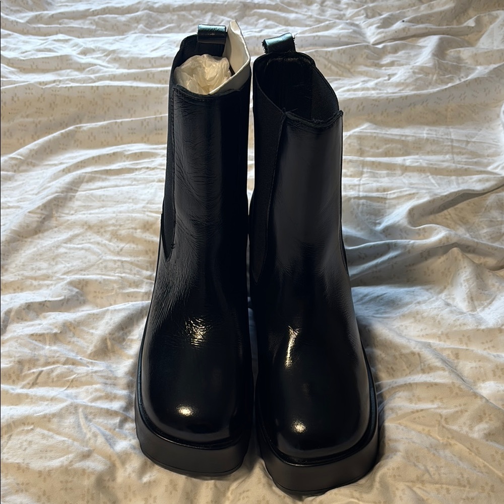 Black Leather Ankle Wedge Platform Boots